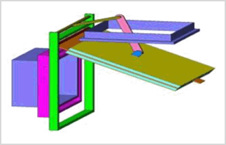 Sample of 3D CAD for precise simulation of kinematic motion of diverter flap door The motion of several parts can be investigated presciently in detail.